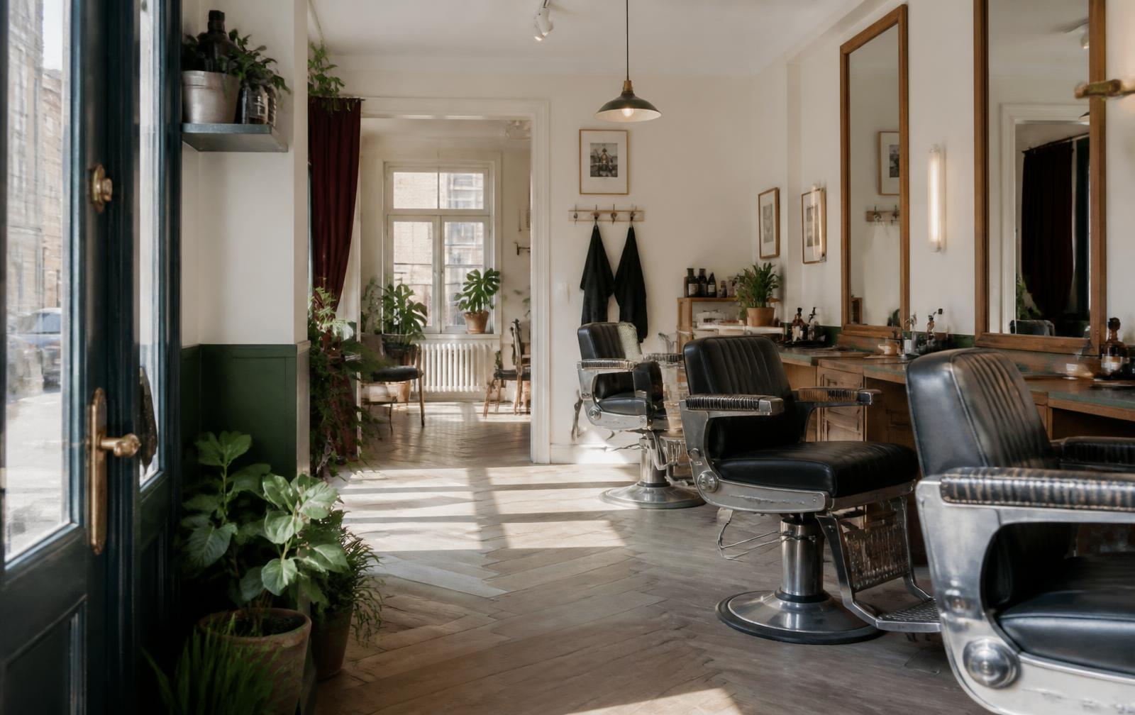 Welcoming independent barbershop with classic black chairs